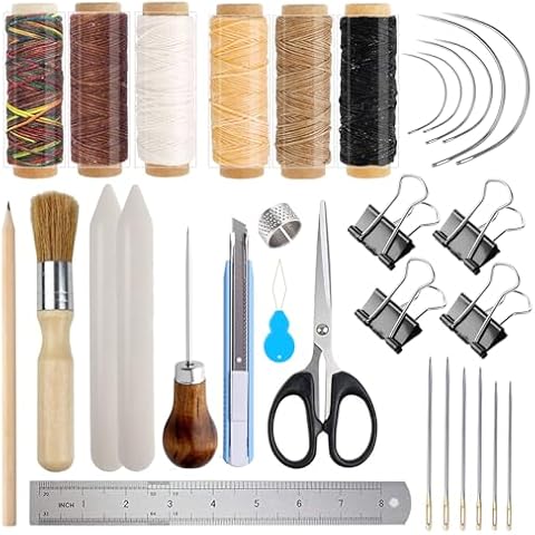 Bookbinding Kits, Hand Book Binding Kit Starter Tools Set, Bookbinding Supplies Kit Including Genuine Bone Folder, Paper Awl, Large-Eye & Curved Needles, Wax Thread, Glue Brush, Steel Ruler Cover