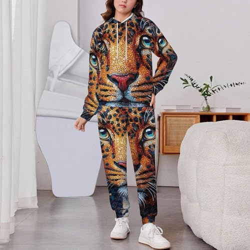 Boy's Girl's Hooded Tracksuit Pullover Sweatshirt Jogging Pants Sweatsuit, Leopard Patterns Art2