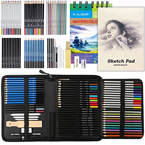 Kalour 74 Drawing Sketching Kit Set - Pro Art Supplies with Sketchbook & Watercolor Paper - Include Watercolor,Graphite,Colored,Metallic,Pastel,Charcoal Pencil - for Artists Beginners Adults Teens