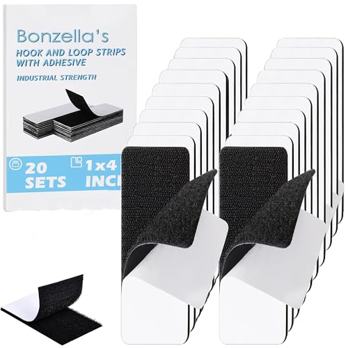 Image of BONZELLA 20pcs Self Adhesive Hook and Loop Strips Tape 1x4 Inch, Mosquito Net Mounting Tapes for Home & Office, Multipurpose Double Sided Adhesive Hook & Loop Stickers for Crafting & Hanging (Black, 1in X 4in)