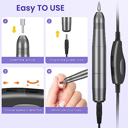 Nagelfräser, Nagelfräser für Gelnägel, Elektrische Nagelfeile 20000 u/Min Verstellbare Geschwindigkei Fräser für gelnägel, Pediküre Maniküre Set für Nagelhaut Shellac Acrylgel