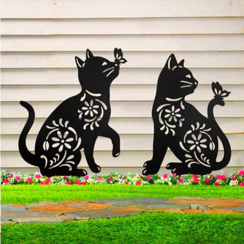 QBMYCN Cat Metal Garden Stakes Decorative,2 Pack Black Cat Silhouette Statues,for Yard Garden - Image 4