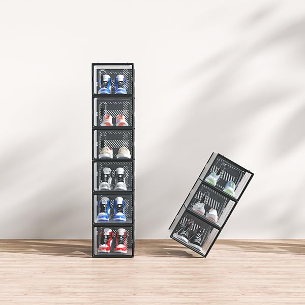 NovaXZ 6-Piece Medium Black Plastic Mesh Shoe Box Set - 33x23x14cm, Modular Design for Home Storage