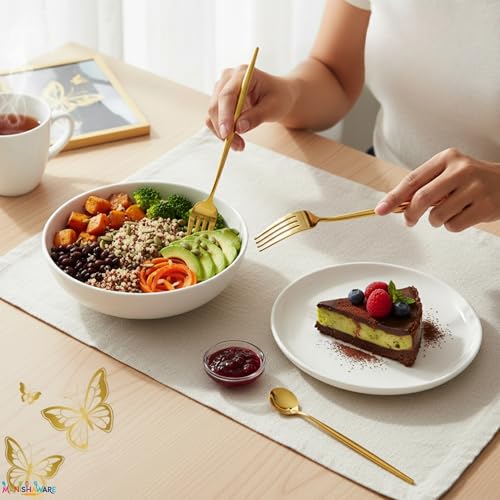 Image of Slim Handle Gold 8 Pcs Stainless Steel Cutlery Set for Dining Table, Dishwasher Safe Glossy Flatware (2 Spoon Set+2 Forks Set+2 Butter Knife+2 Dessert Spoon)