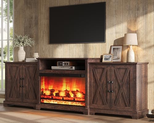 Image of AMERLIFE 97 inch Large Fireplace TV Stand with Storage for TVs up to 110 inch | Farmhouse TV Cabinet with 33 inch Electric Fireplace, Media Entertainment Center with Barn Door & Adjustable Shelf, Rustic Brown