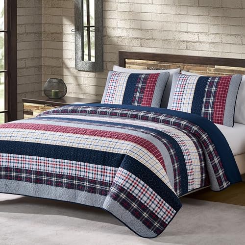 Chezmoi Collection Milton 3-Piece Plaid Checkered Patchwork Striped Quilted 100% Washed Cotton Reversible Bedspread Quilt Set, King