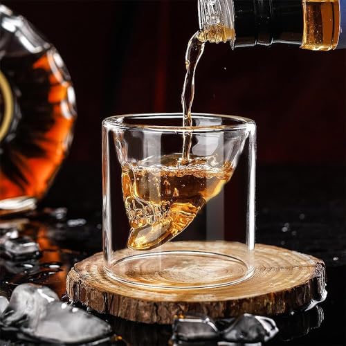 Image of Skull Whiskey Glass 250 Ml Double Walled Skull Shaped Whiskey Glass & Shot Glass, Funnny,Qwirky Whiskey Gift Set for Friends, Transparent (Set of 2)
