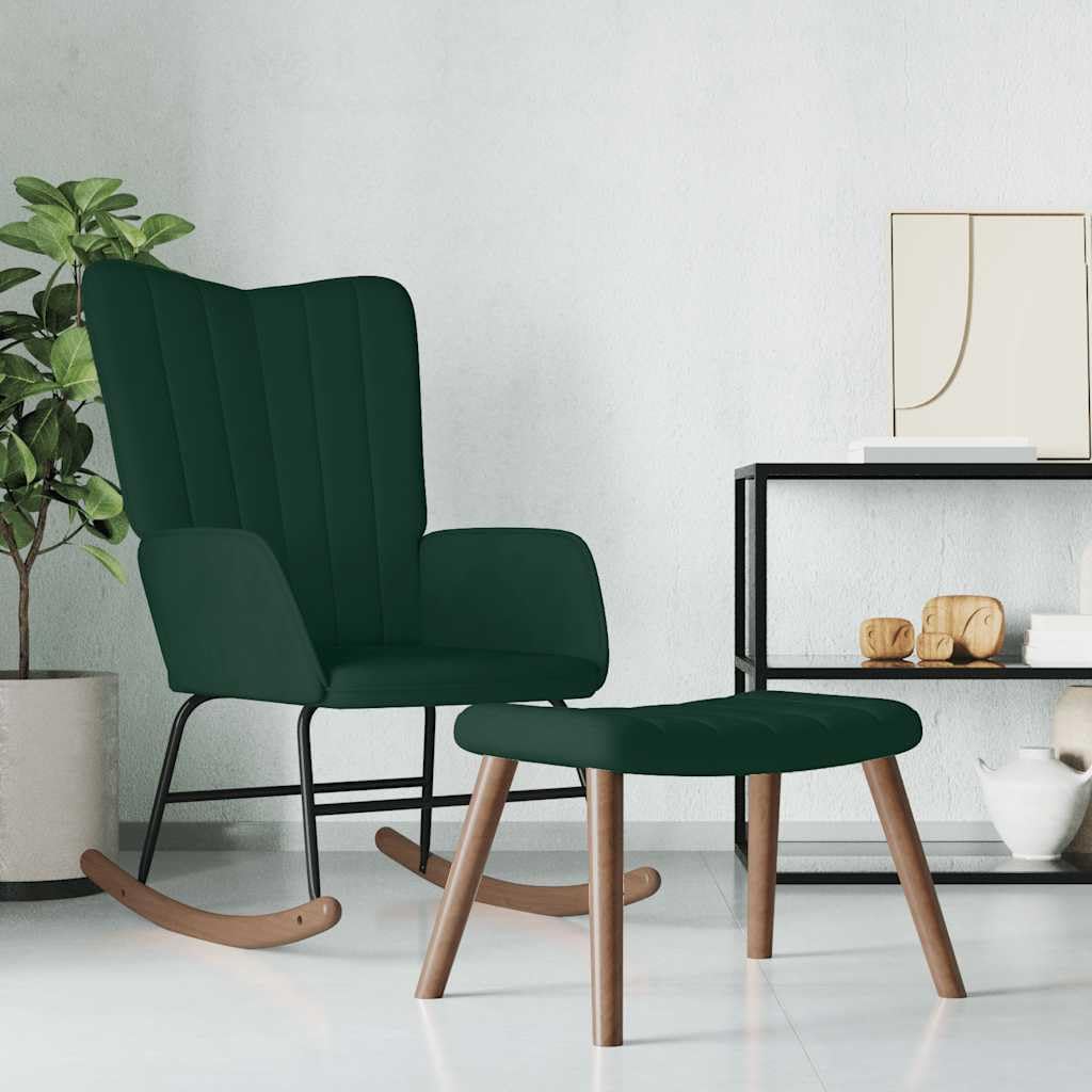 vidaXL Schaukelstuhl mit Hocker Schaukelsessel Schwingsessel Relaxstuhl Relaxsessel Ruhesessel Sessel Wohnzimmerstuhl Polsterstuhl Samt Dunkelgrün