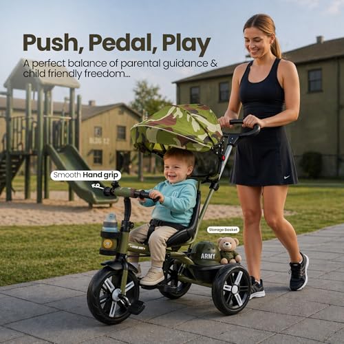 Image of Luusa Elite Pro 4-in-1 Kids Tricycle with Parent Push Handle, Adjustable Canopy, Safety Seat with Seat Belt, Storage Basket & Cup Holder | Toddler Trike for 1-4 Years Boys & Girls (Green)