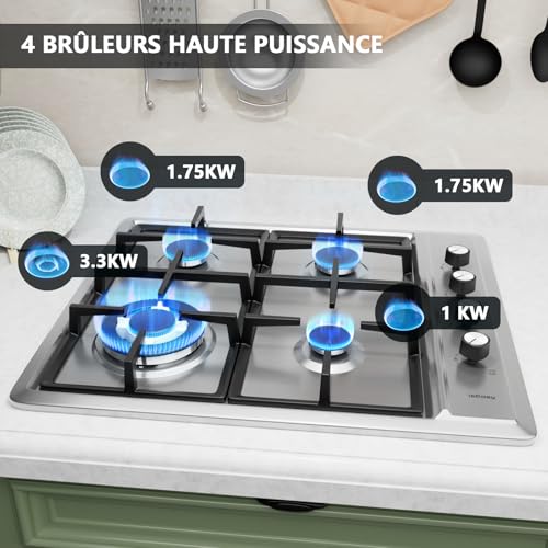 IsEasy Gas Hob with 4 Stainless Steel Burners, 4 Built-In Gas Hobs, Gas Table 60 cm, City Gas and Bottle