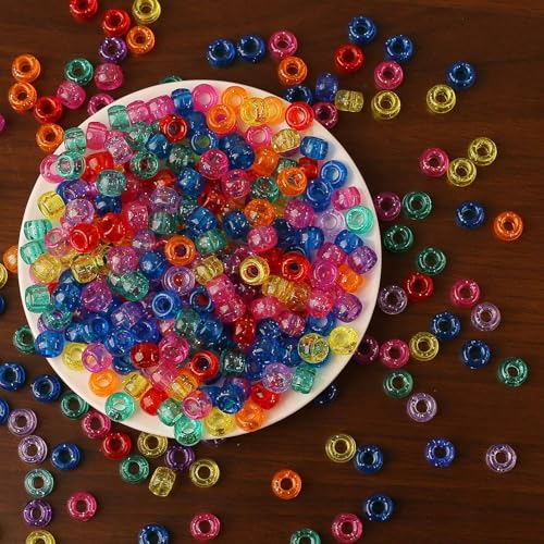 DAHI Mélange de 1000 Perles Poney Transparent Couleur, 6 x 8 mm, Perle Cheveux, Perles en Plastique avec Grand Trou, pour Bricolage Bijoux Bracelet Collier (E)