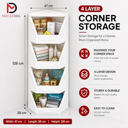 Image of mechdel Cupboard Rack for Clothes Plastic Cabinet for Storages Foldable Wardrobe for Clothes Plastic Cloth Rack for Storages Clothe Storage (Corner Cupboard Rack-1 Door -White, 4PCS)