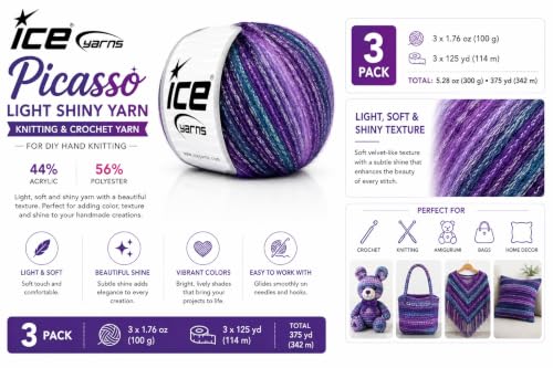 Image of Ice Yarn Lukche Picasso (3 Pack) Light Shinny Yarn Knitting Yarn Crochet Yarn for DIY Hand Knitting 44% Acrylic, 56% Polyester (3x1.76 Oz),(3x125 yds) (Purple Shades)