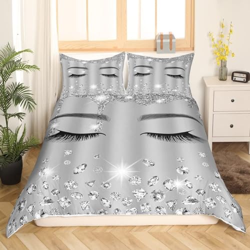 Eyelash King Size Duvet Cover Sets Grey Ombre Bedding Set for Kids Teens Adults,Giltter Diamond Art Duvet Cover for Girls Women Bedroom Decor,Aesthetic Silver Grey Comforter Cover 3 Pieces - Image 2