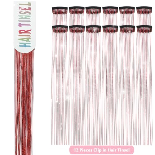 MISSUHUI Hair Tinsel 12 Pcs Hair Tinsel Clip in Glitter Tinsel Hair Extensions 23.6Inch Clip in Hair Tinsel Kit Red Sparkling Fairy Dazzle Hair Accessories for Girls Women Kids (Red)