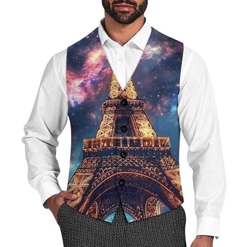 Eiffel Tower Starry Paris Men's Suit Vests Business Formal Dress Vest V-Neck Waistcoat for Wedding Casual
