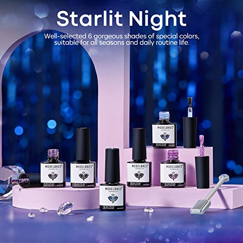 Image of modelones Glitter Gel Nail Polish Set 6 Colors, Blue Color Changing Red Cat Eye Magnetic Gel Polish Chameleon Reflective Temperature Black Pink Nail Polish Soak Off LED Nail Art Manicure Kit Gift