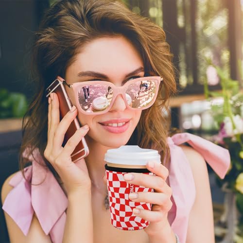 Image of Reusable Insulated Sleeve for Iced Coffee Cup, Coffee Neoprene Sleeve for Cold & Hot Drinks, Beverage Holder for Iced Coffee (Red Wavy Checker, Small: 16-18oz)