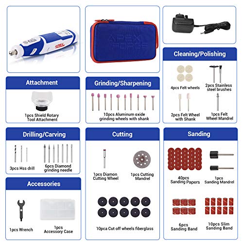 Cordless Rotary Tool, APEXFORGE 8V Power 2.0 Ah Li-ion Battery with 101 Accessories and Shield Attachment, Long Endurance Power- Perfect for Sanding, Grinding, Cutting and Engraving -M8