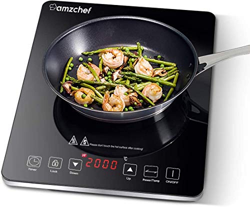 Placa de inducción Amzchef de una sola placa de inducción con superficie de cristal pulida de color negro, diseño portátil ultrafino, control táctil con sensor y cerradura de seguridad, 2000 W