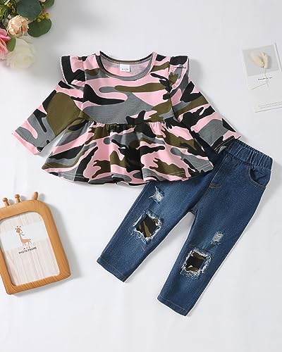 Image of SODLON Baby Girl Clothes Toddler Girls Winter Outfits Infant Clothing Ruffle Top Denim Pants Jeans Cute Fall Outfit Set