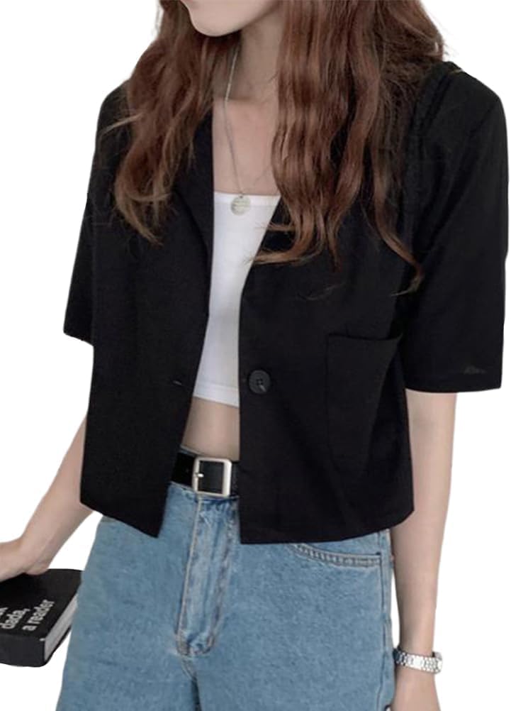 Hecatombic Blazer da Donna in Cotone a Maniche Corte Allentato Tinta Unita Blazer Corto da Ufficio Estivo Giacca da Lavoro con Bottoni Slim con Risvolto Estivo