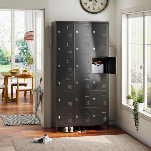 Image of SUXXAN 18 Doors Metal Lockers for Employees for Offices School Gyms Home,Assembly Required(Black) | 18-door black metal employee locker with name card slots, ventilation, raised legs, and required assembly.