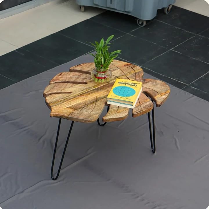 Image of REDWOOD Mango Wood Leaf Shaped Coffee Table with Metal Hairpin Legs | Modern Wooden Center Table for Living Room | Artistic Tea Table for Home Decor | Natural Wood Grain Accent Furniture | Honey