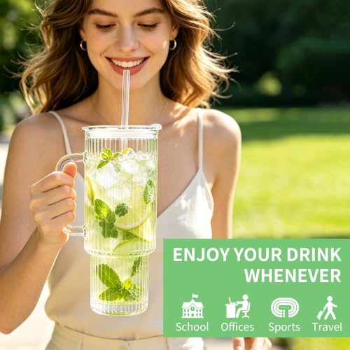 Image of Birity 40oz Ribbed Glass Tumbler with Handle,2Pack Iced Coffee Cup with Lid | Reusable Glass Cup with Lid for Smoothies,Soda,Tea-Glass Water Bottles Drinking Glasses for Camping,Travel,and Outdoor