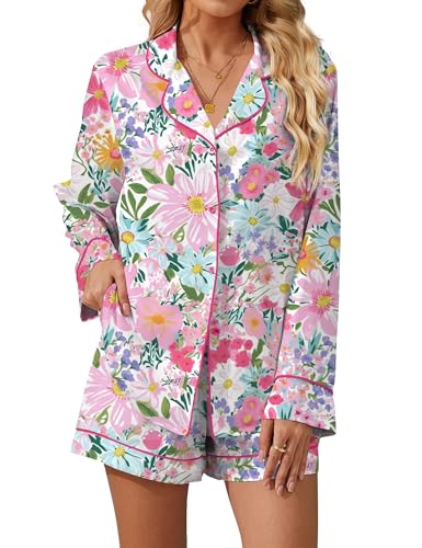 Image of SHESHOW Satin Pajama Set for Women Button Down Long Sleeve Top and Shorts Loungewear Set Funny Print Sleepwear XS-XXL