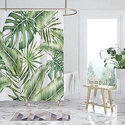 Cortina Ducha Bambu Cortina de Ducha de Hojas Verdes Cortina de Ducha de Hoja Verde Impermeable Hoja de bambú de plátano Pintada Verde Dobladillo ponderado Cortinas de baño de poliéster Impresas únicas con 12 Ganchos