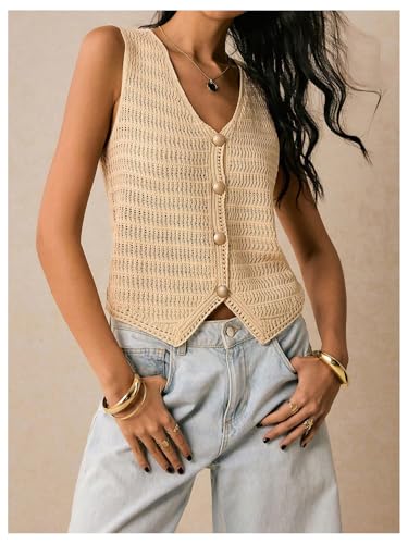 MakeMeChic Women's Sleeveless Crochet Sweater Vest V Neck Button Down Cardigan Knit Tops4