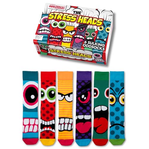 United Oddsocks The Stress Heads Coffret Cadeau Homme, 6 chaussettes dépareillées avec monstres colorés, chaussettes coton homme originales à mixer et assortir, idée cadeau amusante, taille EU 39–46