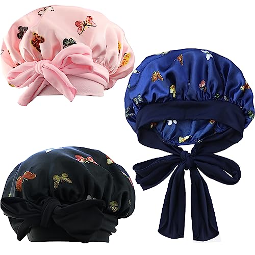 NAIHOD 3 gorros para el cabello para mujer de satén, gorro de ducha de mariposa, gorro de dormir con banda elástica suave, gorro de dormir con banda elástica para belleza y cuidado del cabello