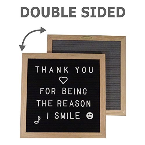 Double Sided Black and Gray Felt Letter Board 10x10 with 680 White Changeable Plastic Letters, Numbers, Emojis & Symbols | Oak Frame | Includes Scissors, 2 Storage Bags and Wood Stand | Message Poster