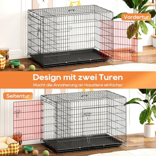 BestOffice Hundekäfig, klappbar, mit 2 Türen, ausziehbar Kunststofftablett und Griff, Hundetransportbox für Reisen, 122x74x79cm, XXL, Transportbox- Haustiere, Innen und Außenbereich, Schwarz
