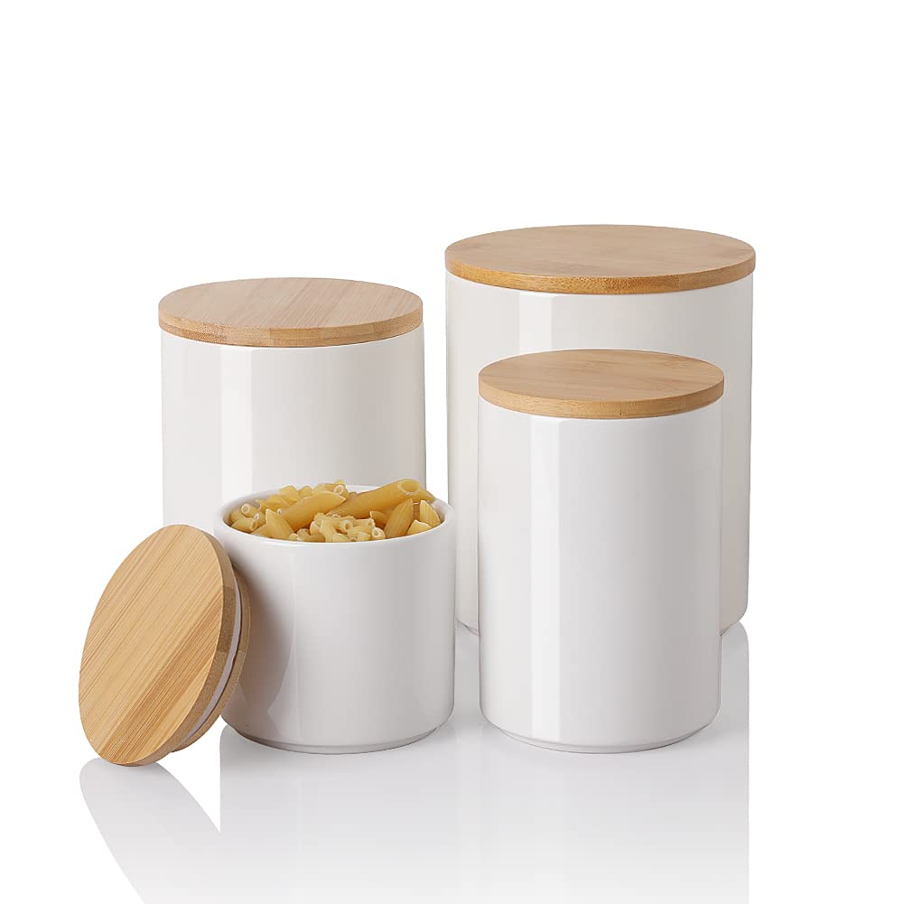 Sweejar Kitchen Canisters Ceramic Food Storage Jar Set, Stackable Containers with Airtight Seal Wooden Lid for Serving Ground Coffee, Tea, Herbs,