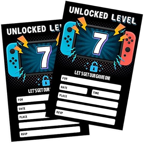 QUPT 20 Video Game Birthday Party Invitations with Envelopes, 7th Birthday Party Invitations cards - Fill in The Blank Birthday Party Invites Cover