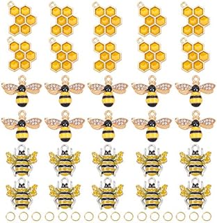 PandaHall 30pcs 3 Styles Bees Charms Pendants, Animal Bees Honeycomb Enamel Charm with 5g Jump Rings for Necklace Bracelet DIY Crafts Jewellery Making Accessories