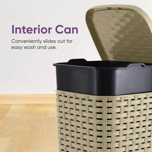 Image of Superio Mini Trash Can with Foot Pedal Small Outdoor Garbage Can with Lid, 3 Gallon Plastic Waste Basket for Bathroom, Bedroom, Kitchen, Office, Patio (Wicker Beige 12 QT.)