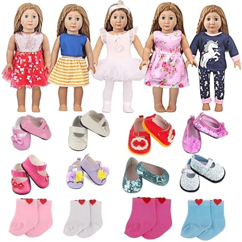 MSYO Doll Clothes and Accessories for 18 Inch Dolls, Including 5 Doll Clothes Set, 2 Doll Shoes (Randomly from 8) and 2 Doll Socks(Randomly from 4), for American Doll Girls, Total of 19 Pcs Cover