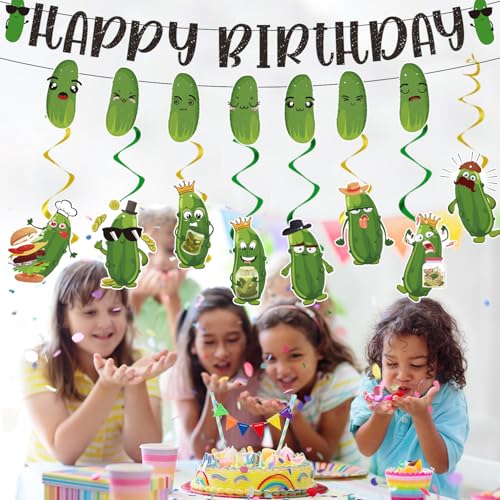 Image of Pickle Birthday Party Decorations - 10PCS Funny Pickle Party Decorations Happy Birthday Banner Hanging Swirls Cartoon Cucumber Dill Party Decor Fruit Vegetable Theme Party Supplies