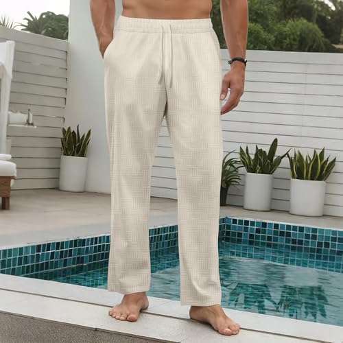 Hawyet Jacquard Lounge Pants for Men Elastic Waist Drawstring Solid Color Casual Pants Tapered Summer Trousers2