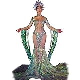 Sparkly Rhinestone Sequin Party Birthday Green Mermaid Long Dress Women Stretch Tassel Dress Singer Stage Drag Queen Costumes (only Dress)