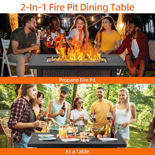 44 Inch Propane Fire Pit, CSA-Listed Outdoor Gas Fire Pit Rectangular Tabletop with Lid, 50,000 BTU Steel FireTable with Rain Cover Glass Wind for Outside Patio Yard Balcony, Brown