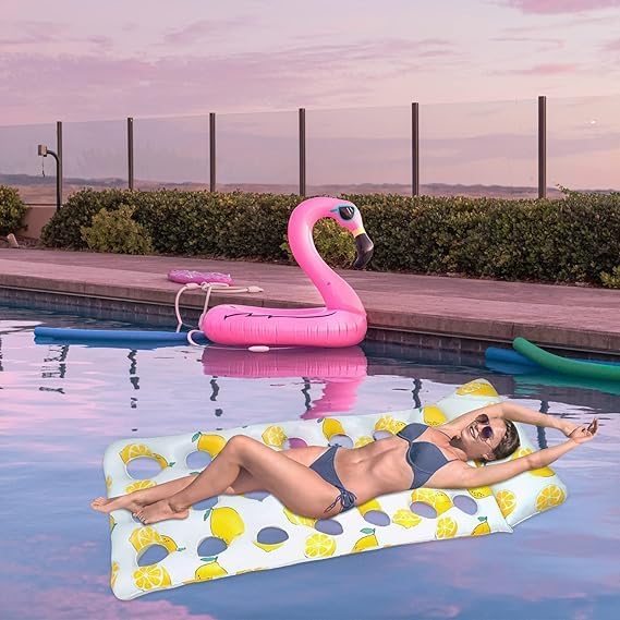 Image of Inflatable Lounger for Adults & Kids, Stylish Citrus Design with Cooling Hole, Floating Air Mattress for Swimming Pool, Beach & Summer Relaxation, Yellow