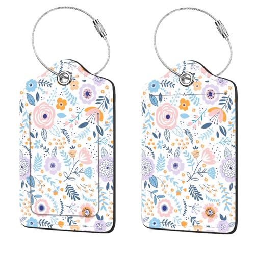 2 Pcs Luggage Tags for Suitcase, Cute Unique PU Leather Travel Bag Tag with Privacy Cover ID Label Address Card and Durable Metal Ring Suitable for Men Women Children Backpack,Colorful Flowers A