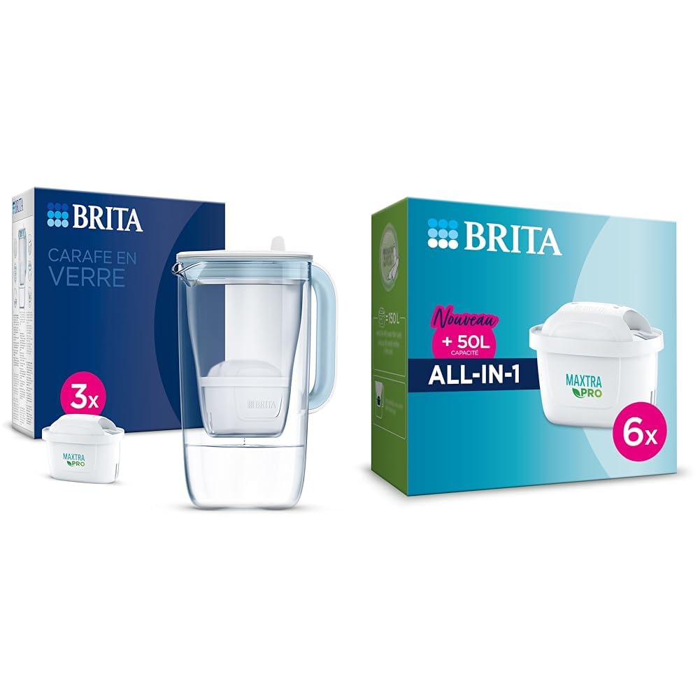 BRITA Carafe en verre bleue (2,5L) inclus 3 cartouches filtrantes BRITA MAXTRA PRO All-in-1 & Pack de 6 cartouches filtrantes MAXTRA PRO All-in-1 - Nouveau MAXTRA +, Plus