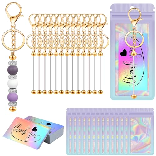 Image of 42 /84 /126 Pcs Beadable Keychain Bars Bulk Blank DIY Beaded Keychain Making Supplies with Bag Thank You Card