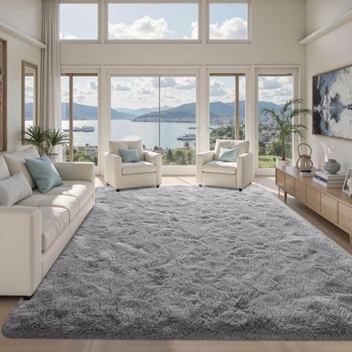 9x12 ft Light Grey Rug for Living Room Fluffy Bedroom Rug Non-Slip Area Rugs Shag Carpet for Nursery Kids Play Room Dorm Office Indoor Modern Plush Carpets Boys